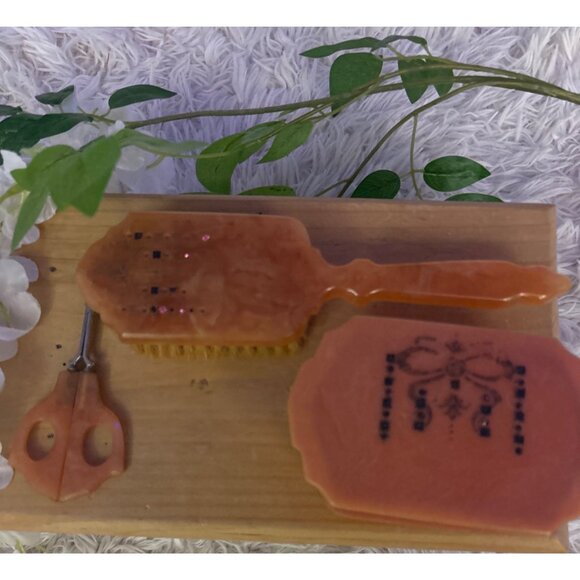 Vintage Ladies Celluloid-Bakelite Vanity  Set With Brush Scissors & Trinket Box - Picture 3 of 16